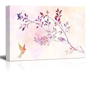 Pink Watercolor Style Painting with Birds and Tree Branches