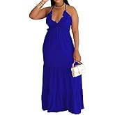 TOPSRANI Womens Sleeveless Maxi Dress Halter Casual Backless Smocked Tiered Ruffle Flowy Sexy Slip Sling Strap Dresses V-Neck Solid Blue L