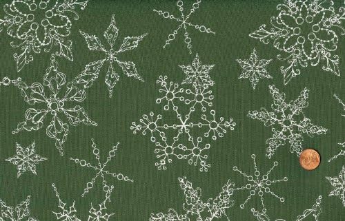 Loralei 'Very Fairy Christmas' Snowflakes on Green Cotton Fabric By the Yard