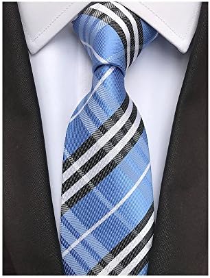 Men's Classic Checks Light Blue Jacquard Woven Silk Tie Necktie + Gift Box