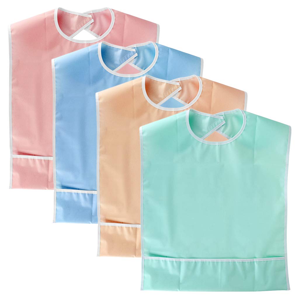BTSKY 4 Pcs Waterproof Reusable Adult Bibs - Washable Mealtime Protector Bib Clothing Protector with Crumb Catcher