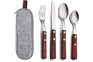 UEYGHEP Complete Cutlery Set Knife, Fork, Chopsticks and Spoon Stainless Steel Travel Set Fork with Wooden Handle B