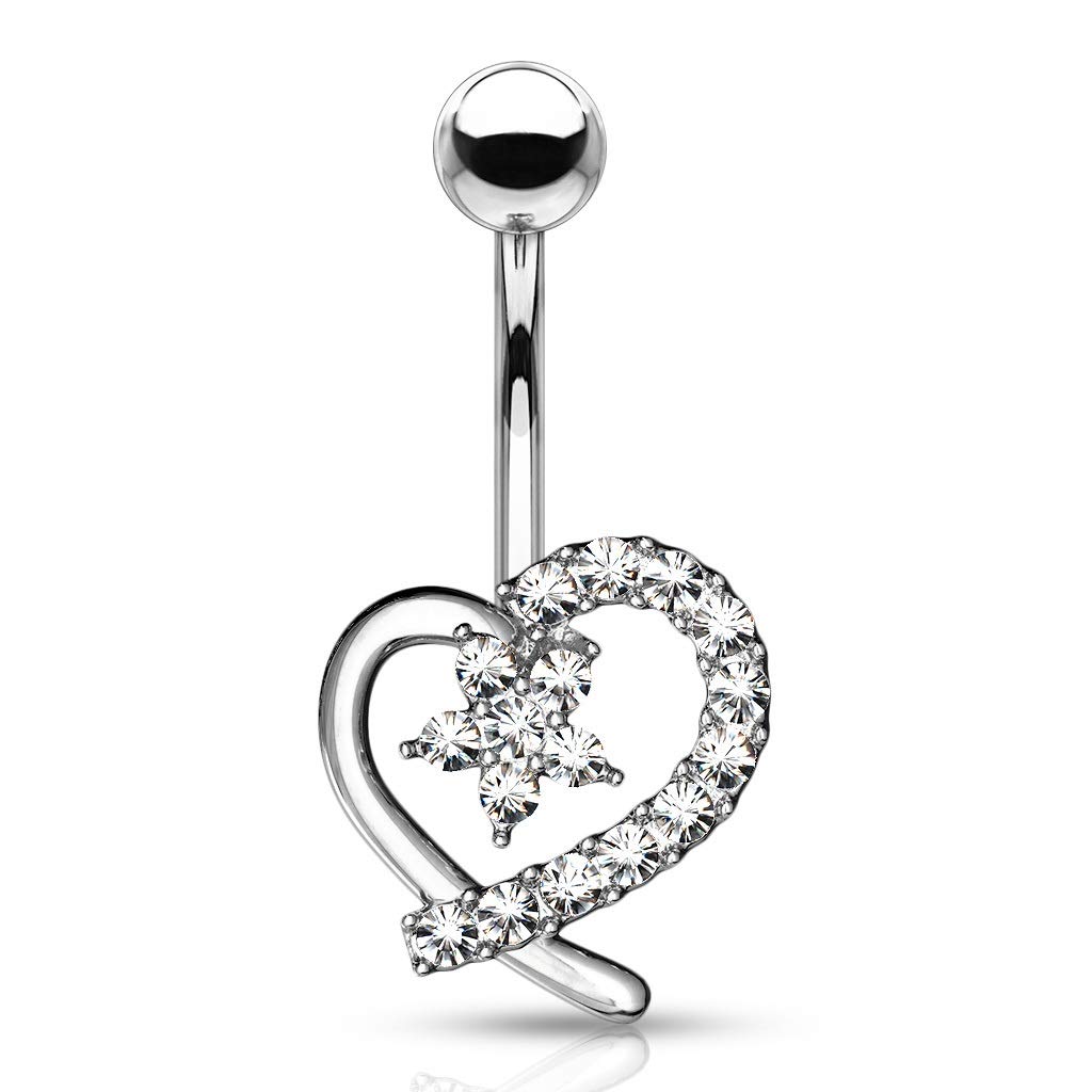 PiercedOff 361L Surgical Steel Belly Bar with Clear CZ Paved Hollow Heart and Flower Cente - Thickness 14GA (1.6mm) / Length 10mm / Ball Size 5mm and Her Size is 12mm