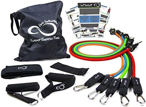 Resistance Band Set By Live Infinitely- Pro Grade 4 Loop Band Or 11 Piece Set Of Stackable Exercise Bands With Door Anchor, 2 Ankle Straps &amp; Zip Bag- Includes Total Body Online Workout Guides