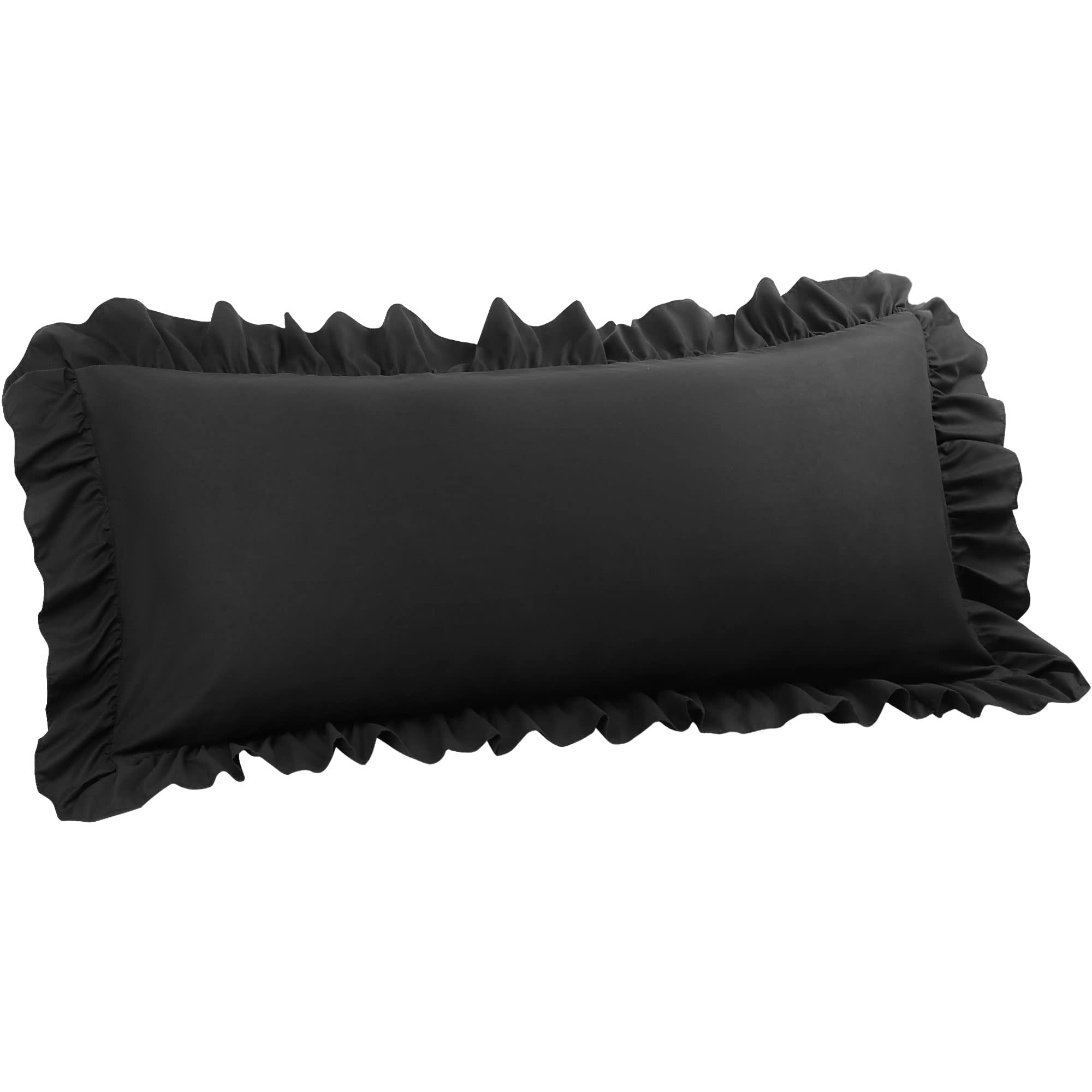 PiccoCasa Soft Microfiber Plain Bolster Pillowcase with Decorative Ruffle and Envelope Closure Full Body Pillow Case Cover Black 20"x55" (4ft 6in)