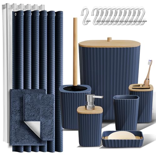 Clara Clark Bathroom Accessories Set - Bathroom Accessory Set with Shower Curtain Set, Toilet Brush, Trash Can & Soap Dispenser & Rugs (Navy Blue, Complete Set + Bath Rugs)