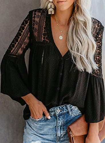 CANIKAT Women's V Neck Lace Crochet Flowy Bell Sleeve Button Down Casual T Shirts Blouses Tops 3 CANIKAT Women's V Neck Lace Crochet Flowy Bell Sleeve Button Down Casual T Shirts Blouses Tops