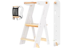 GROWNSY Foldable Step Stool Toddler Tower, Toddler Kitchen Stool Helper, Collapsible Kids Standing Tower with 3 Adjustable Heights and Safety Net for Kitchen Bathroom Sink Counter (White)