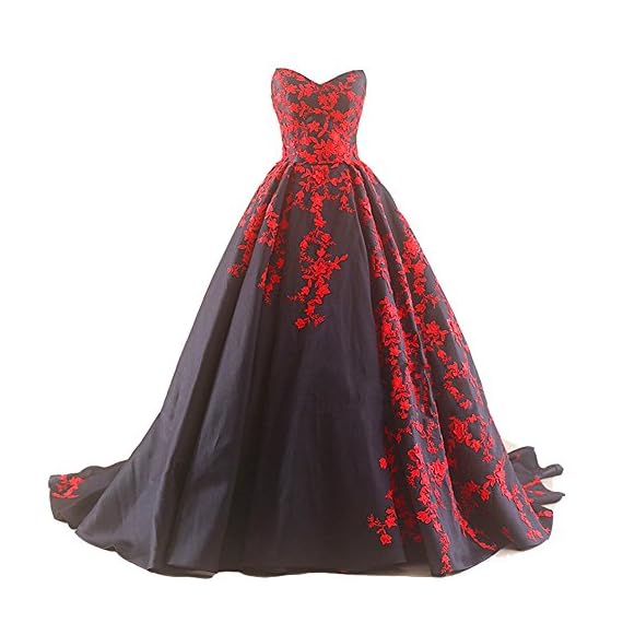 Kivary-Gothic-Black-Satin-and-Red-Lace-V-Neck-A-Line-Long-Prom-Wedding-Dresses-US-8