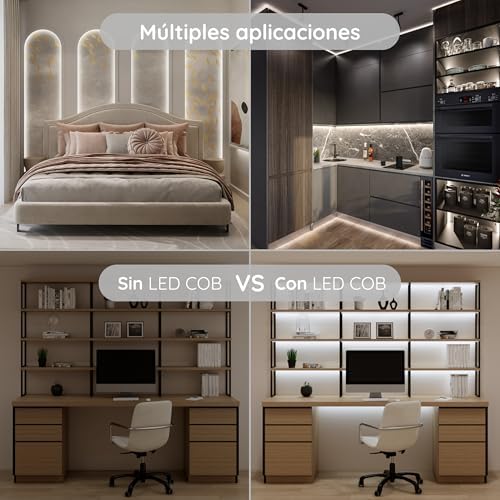 Tira LED COB Interior Blanco Frío 5m, Luces LED Cocina Blanca Decoración Habitación, LED Strip Light 24V, Regulable, Adhesiva, 480LED/m, 6500K. Incluye Mando a Distancia y Adaptador.