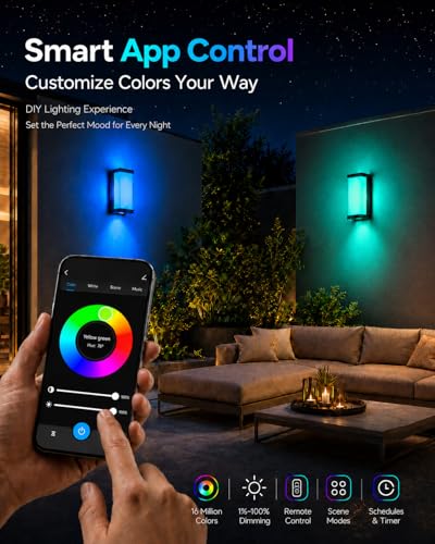 MMEEVT Outdoor Wall Light 1800Lm, IP65 RGBCW Wall Lamp (2 Piece) | Three Side Lighting Smart Led Indoor Lighting with Alexa and Google Assistant for Entrance Garage Porch