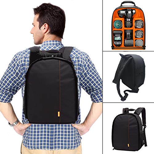 Camera Case, Camera Bag with Waterproof, Adjustable Velcro, Shockproof, 9x4.33x12.6 inch, SLR/DSLR Camera Backpack for Sony Canon Nikon Lens, Flash, Mirrorless Camera and Other Accessories(Orange)