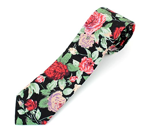 Men's Cotton Skinny Necktie Tie Colorful Rose Vine and Leaf Pattern - Black