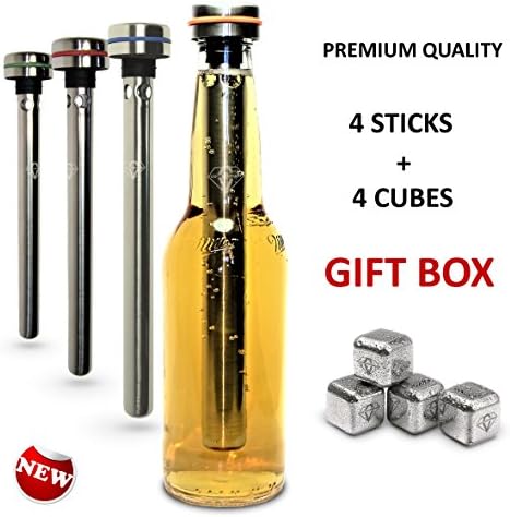 Chilling beer bottle sticks and cooling cubes. 4 sticks + 4 cubes of premium stainless steel to keep drinks cold longer. Luxury gift for beer lovers, nice birthday present, and must-have for picnics.