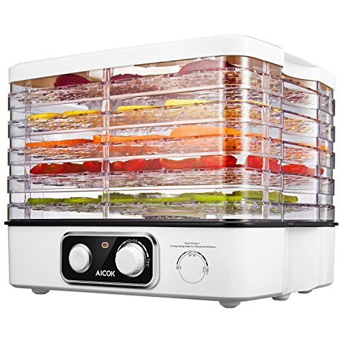 Aicok Food Dehydrator Machine, Electric Fruit and Vegetable Dryer 5 Stackable for Food Preserver, Meat or Beef Jerky Maker, with Time and Temperature Control, Noiseless and Lightweight, White