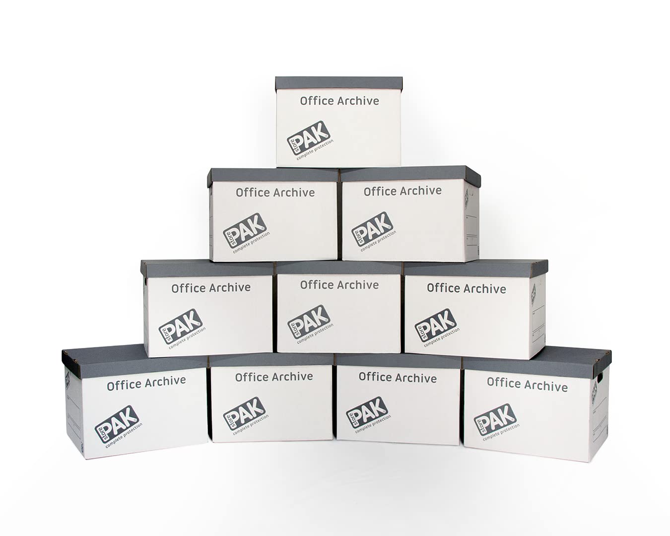 StorePAK Office Archive Boxes - Storage Cardboard Boxes with Handles & Lids (Pack of 10) 34.2 Litres – H28.2 x W31.7 x D38.3 cm - White & Grey