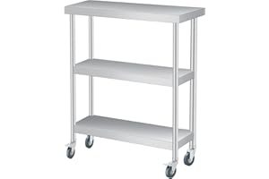 TIOUTBOT 14x24x34 Inch Stainless Steel Work Table, 3-Tier Commercial Metal Prep Table with Casters, Rust-Resistant Utility Tables for Kitchen, Restaurant, Garage, Indoor/Outdoor