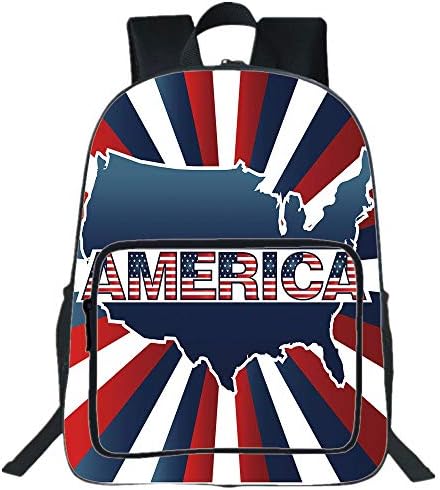 iPrint 19" Large Casual Backpack,USA Map,America Typography with National Country Colors Retro Pop Art Effects Decorative,Dark Blue Red White,for Boys Girls