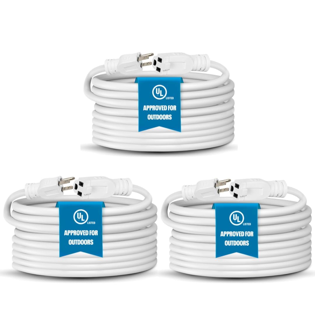 BindMaster Heavy Duty Extension Cord/Wire Power Cable, Indoor/Outdoor, 16/3, Single Outlet, 20 Feet, UL Listed, White 3 Pack Image