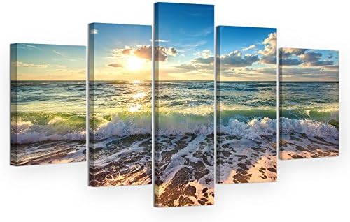 Ruoya Arts 5 Panels Seaview Modern Seascape Stretched And Framed Sunrise and Sea Waves Modern Wall Art Painting on Canvas Ready to Hang for Home and Office Decorations