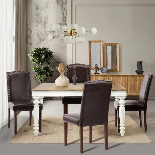 DUMOS Dining Chairs Set of 4, PU Leather Dining Room Chairs, Upholstered Parsons Chairs with Nailhead Trim & Rubber Wood Legs, Kitchen Side Chair for Dining Living Room,Bedroom - Brown