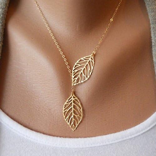 Womens New Simple Necklace Metal Double Leaf Pendant Alloy Choker Chain (Gold)