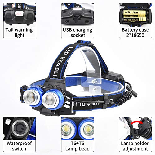 QUICATCH Probe Shiny Head-Mounted Glare Rechargeable Headlight 2T6 Outdoor Camping Light Rotate Zoom Waterproof 360 Deree Adjustable (Gold)