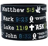 New Testament Wristbands (Set of 4) - Silicone Bible Bracelets w/ Scriptures in Unisex Adult Size - Matthew 5:5, Mark 9:23, Luke 11:9, & John 8:32