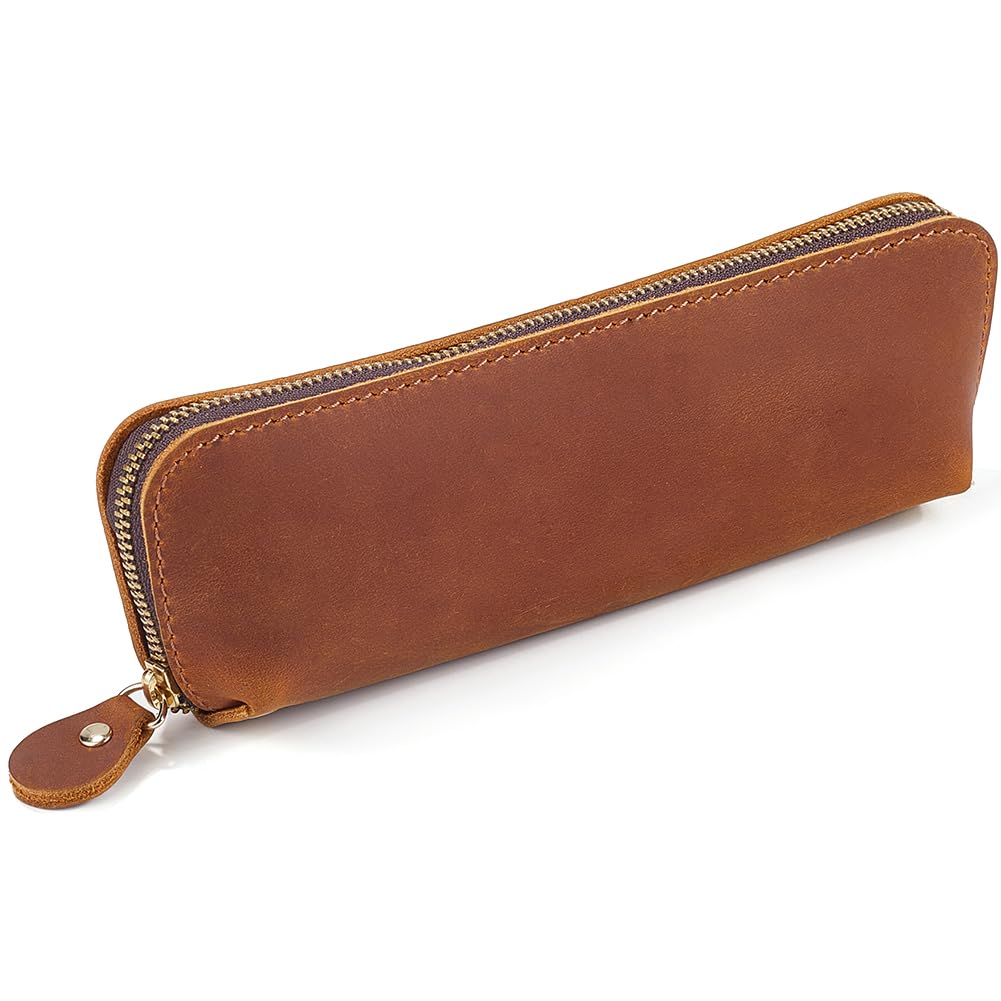 GORGECRAFT Large Capacity Crazy Horse Leather Pen Case Genuine Leather Pen Pencil Cases Big Pencil Pouch with Zipper Vintage Pen Organizer Stationery Bag for Men Women Artists Handmade, Saddle Brown