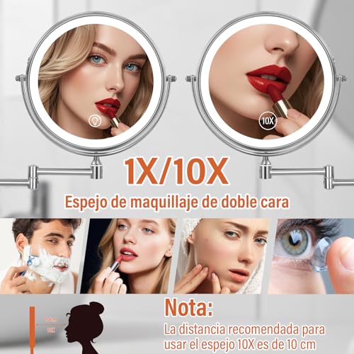 GALASALA Espejo con Luz Montado en Pared, Espejo de Maquillaje 8 Pulgadas con Aumento 10X/1X, Espejo de Tocador para Baño con Brazo Extensible, Rotación 360°, 3 Modos de Color
