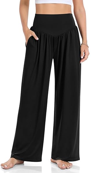 UEU WOMENS WIDE LEG PANTS CASUAL LOOSE YOGA LOUNGE ELASTIC V-SHAPED HIGH WAIST PALAZZO PANTS WITH POCKETS, BLACK, SMALL