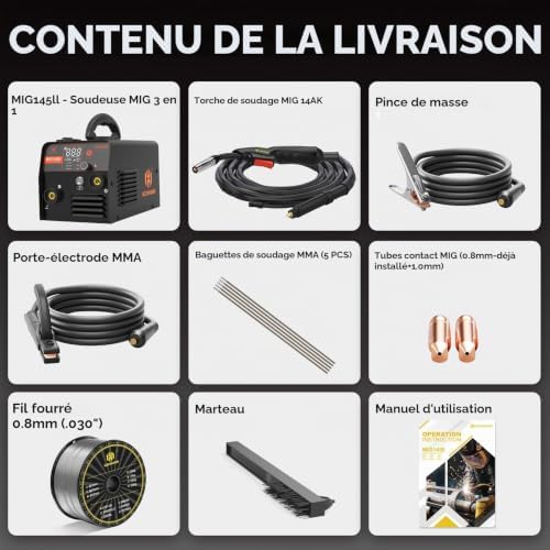 MIG145II 145A Poste à Souder Fil Fourré Sans Gaz, 3 en 1 MIG/ARC/Lift TIG, Contrôle Synergique, IGBT Inverter, Écran LED, Compact pour Débutants & DIY Maison