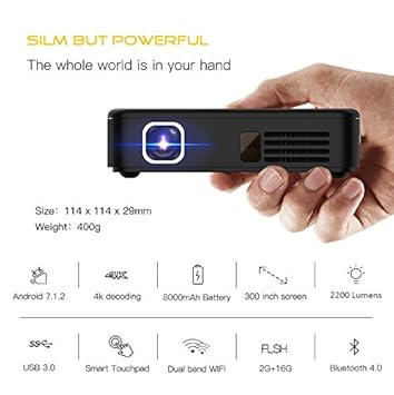 AODIN Android 7.1 2200 Lumens 4K Smart Mini DLP LED Home Cinema Projector TouchPad Dual WiFi Bluetooth HDMI Miracast 2GB RAM 16 GB ROM 8000mAH Battery