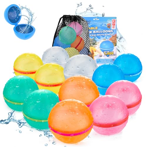TIZIKCON Reusable Water Balloons with Mesh Bag, Latex-Free Silicone Quick Self-Sealing Water Splash Bomb for Kids Adults Water Game, Bath Toy, Pool Toy, Summer Party Supplies (12PCS)