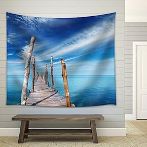 Wooden Pier on a Tropical Island, Sea and Blue Sky in Thailand - Fabric Wall Tapestry Home Decor - 51x60 inches