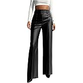 Floerns Women's PU Leather Straight Leg Pants High Waisted Belt Casual Trousers