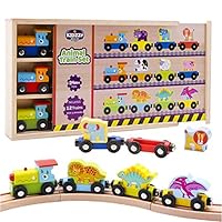 Wooden Trains Set (21 PCS) with 3 Dinosaurs 3 Farm 3 Zoo Animals with Box and Cover - Train Toys Magnetic Set Toy Train Sets for Kids Toddler Gift for Christmas and Birthday for Boys and Girls