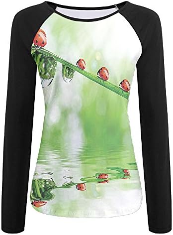 Weiding Ladybugs On A Stem Over The Water Striped Animals Fresh Environmental Life Women's Stretchy Long Sleeve Raglan Tshirt XL