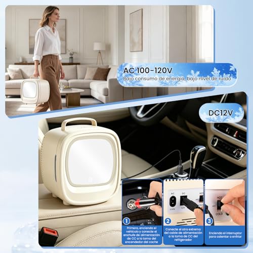 Refrigerador para Skincare 6L, Mini Nevera Portátil con Termoeléctrico Enfría/Calienta, Luces LED con Espejo, Mini Refri para Cosméticos, Bebidas, Leche Materna, Ideal para Belleza, Hogar y Coche
