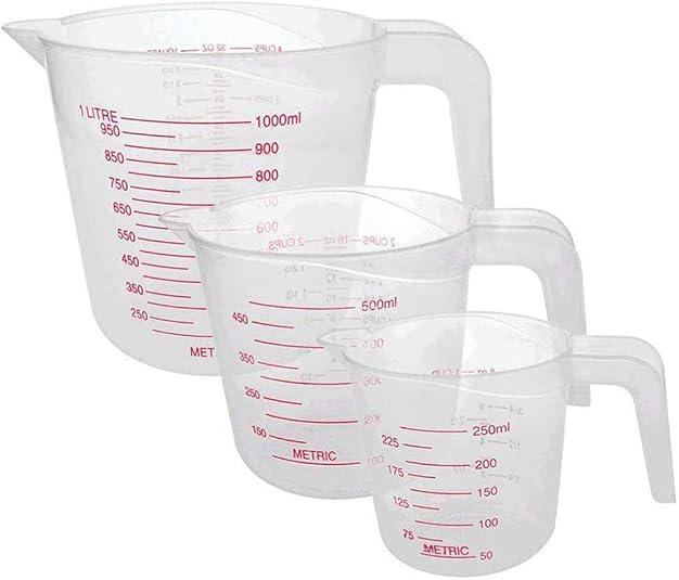 Set of 3 Plastic Measuring Jugs 250/500/1000ml Stackable Transparent