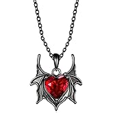 LWQYD Gothic Bat Wing Heart Necklace, Black Metal Chain with Red Crystal Pendant