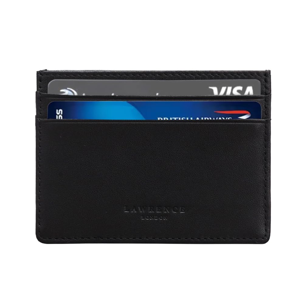 Lawrence London ® Credit Card Holder, Genuine Full Grain Leather, RFID Blocking Minimalist Wallet, Dual Sided with 5 Pockets, Great Gift, Ideal for Travel (Black)