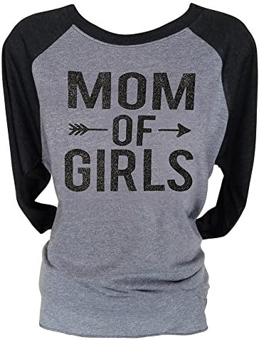 Loaded Lids Women's Mom of Girls Sparkle Finish 3/4 Sleeve Baseball Style T-Shirt (Medium, Black/Grey/BlackGlitter)