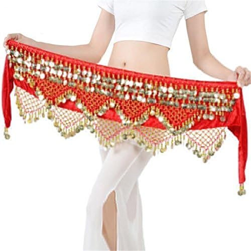 Women's Belly Dance Hip Scarf with 338 Coin and Beads Velvet Indian Dancing Belt Gold Coins Belly Dance Skirt Wrap , red