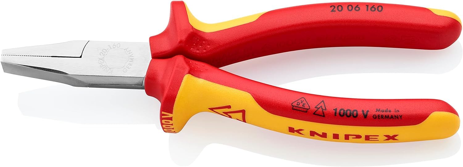 KNIPEX Flat Nose Pliers Chrome-Plated Insulated with Multi-Component Grips, VDE-Tested 160 mm, 20 06 160