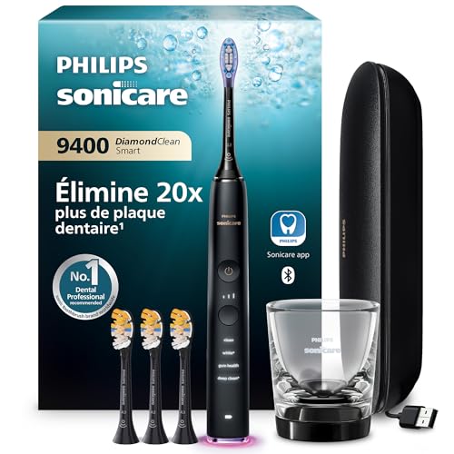 Philips Sonicare DiamondClean Smart 9400 - brosse à dents électrique avec 4 modes de brossage, 3 niveaux d'intensité, capteur de pression, connecté à l’application, noir, modèle HX9918/89
