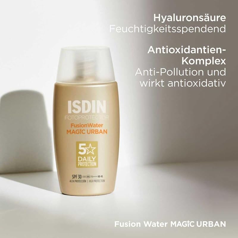 Isdin fotoprotetor fusion water urban fps 30 - protetor solar facial ultraleve de uso diário para ambientes urbanos, proteção uva, luz azul e antipoluição, 50 ml