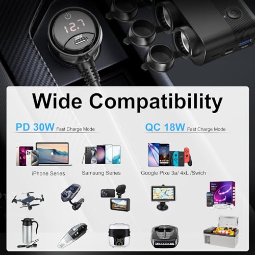 Qidoe 4 x Car Cigarette Lighter Charger Socket Adapter 300W Dual PD 30W and QC 3.0 12V-24V Car USB Socket with Independent Switch and LED Voltmeter for All Car Devices