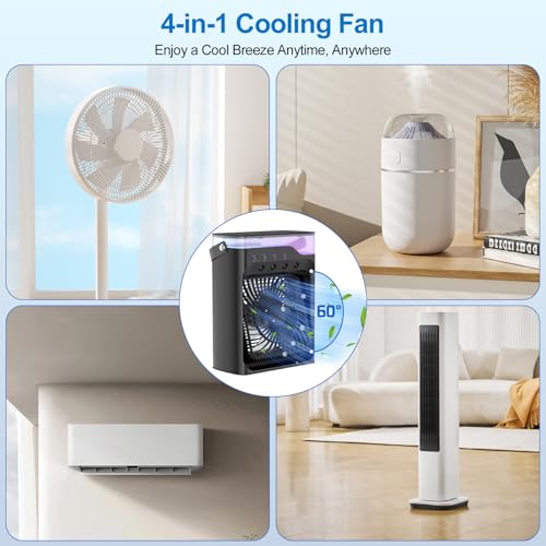 Portable air Conditioners, Personal Cooling Fan with 120° Oscillation, 3 Wind Speed & 4 Sprays, 2/4/6/8H Timer, Multi-Color Light, 3 in 1 Desktop Mini AC Unit for Car, Bedroom and Camping(Black)