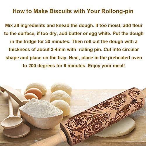 Embossing Rolling Pin Engraving Roller Cookies Decorating Embossed Rollers Pins with Engraved Flower for Baking Dough, Pie, Cookie, Fondant, Pastry, Biscuit (35 x 5cm)